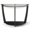 Sleek half-moon tempered glass console table with a stainless steel rim and solid rubber-wood legs for durable support.
