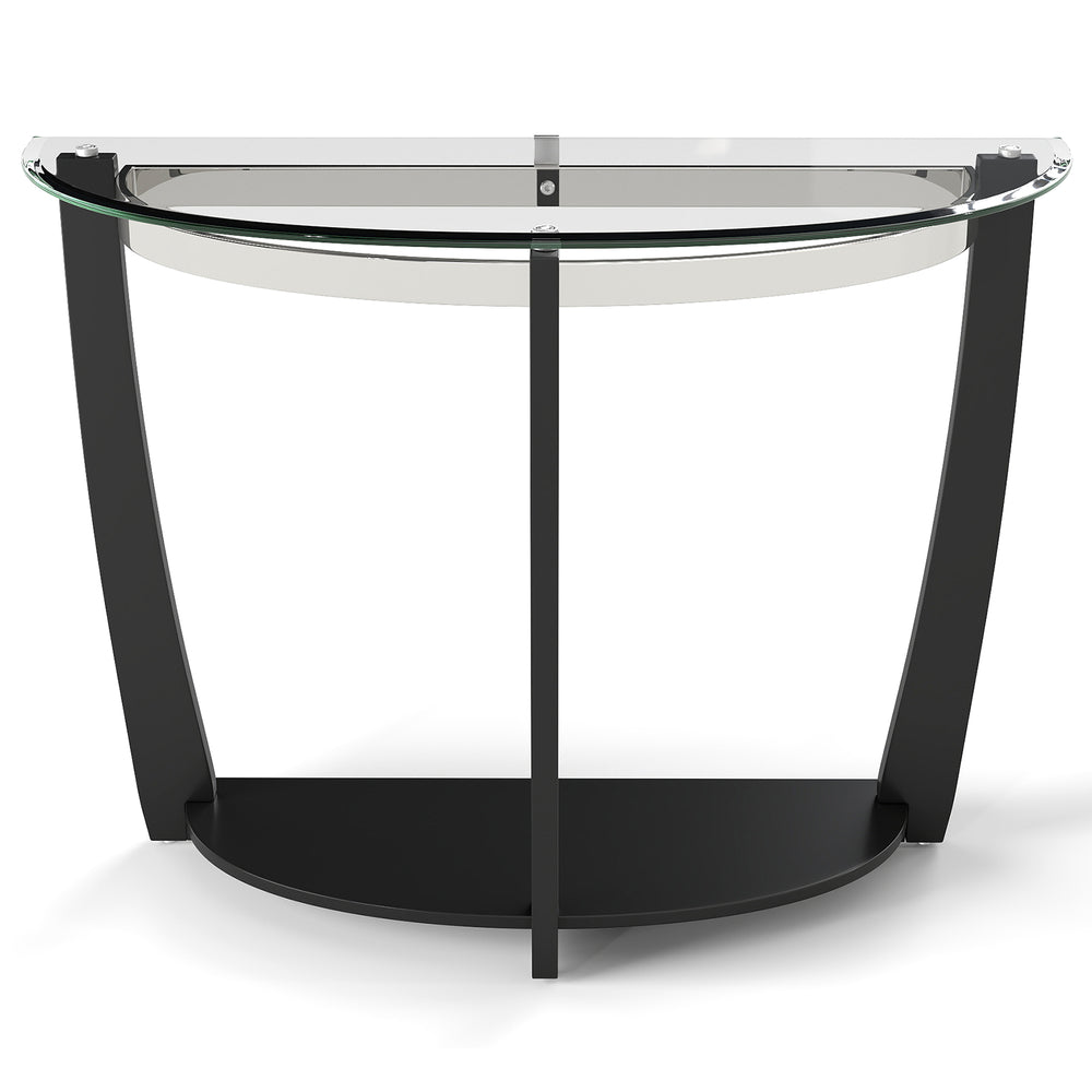 Sleek half-moon tempered glass console table with a stainless steel rim and solid rubber-wood legs for durable support.