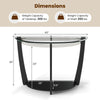 Half-moon tempered glass console table with black rubber-wood legs and open shelf for stylish storage.
