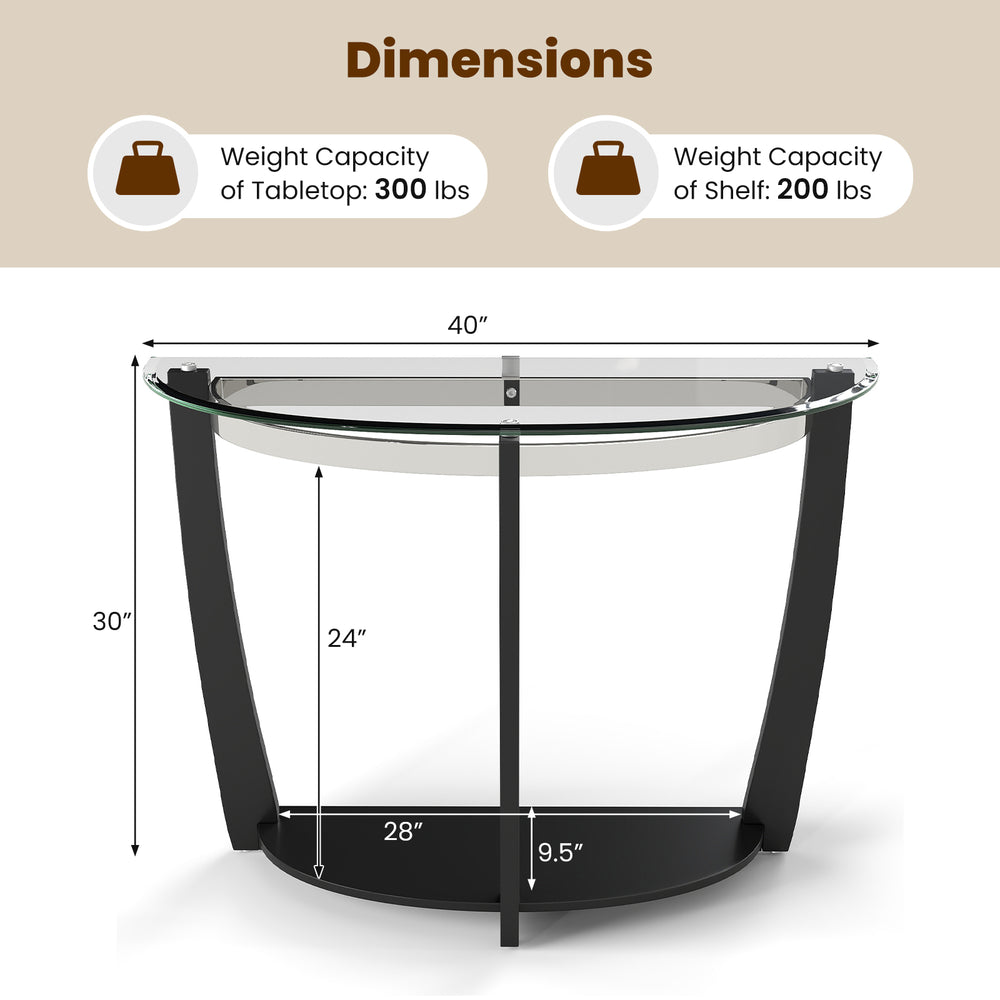 Half-moon tempered glass console table with black rubber-wood legs and open shelf for stylish storage.