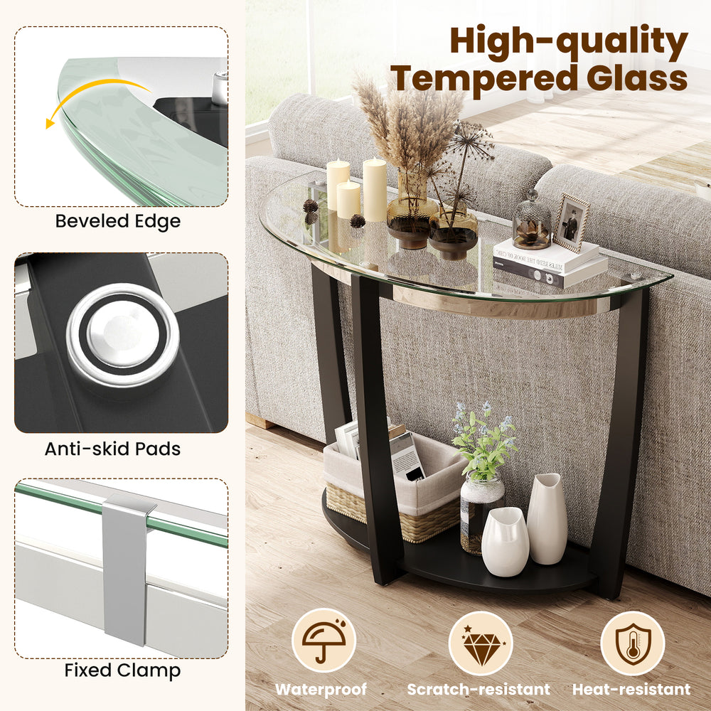 2-tier console table featuring a half-moon tempered glass top, black rubber-wood legs, and open shelf for stylish.