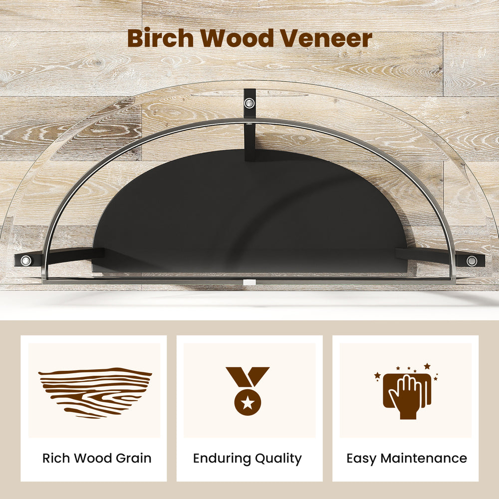 Birch wood veneer detail of the 2-tier tempered glass console table with open shelf for stylish storage solutions.