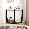 Close-up view of the sleek half-moon tempered glass top of the console table, framed by a stainless steel rim for.