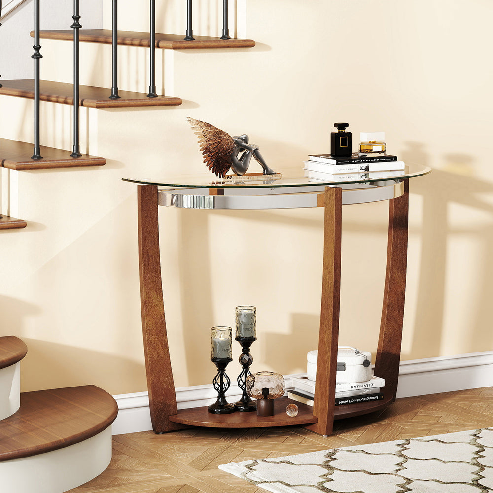 2-tier Tempered Glass Console Table with Clear Glass Top and Open Shelf-Walnut - Gallery View 1 of 10