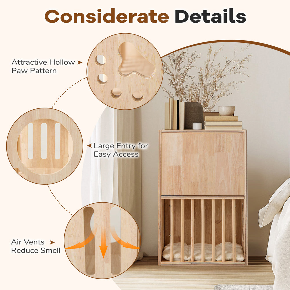 2-tier wooden cat condo with removable cushions, large entry, air vents, and attractive hollow paw pattern for easy.