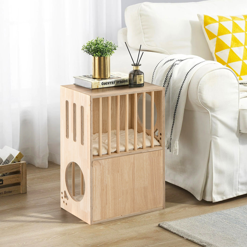2-tier wooden cat condo with removable cushions, featuring a hollow paw design and large entry for easy access.