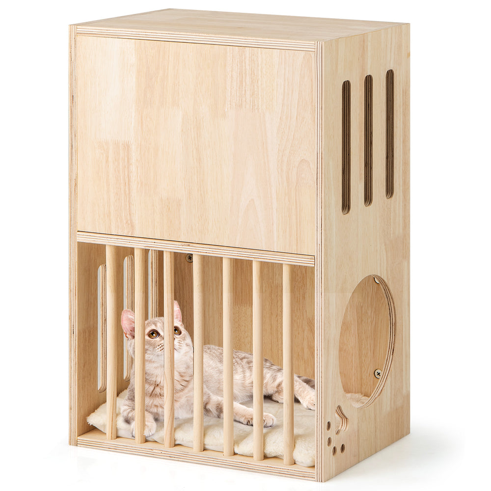 2-tier wooden cat condo with removable cushions and air vents, showcasing a natural finish and spacious design for.