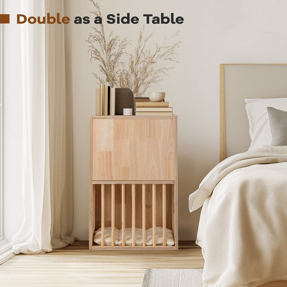 2-tier wooden cat condo with removable cushions, featuring a symmetrical design and hollow paw pattern for stylish.