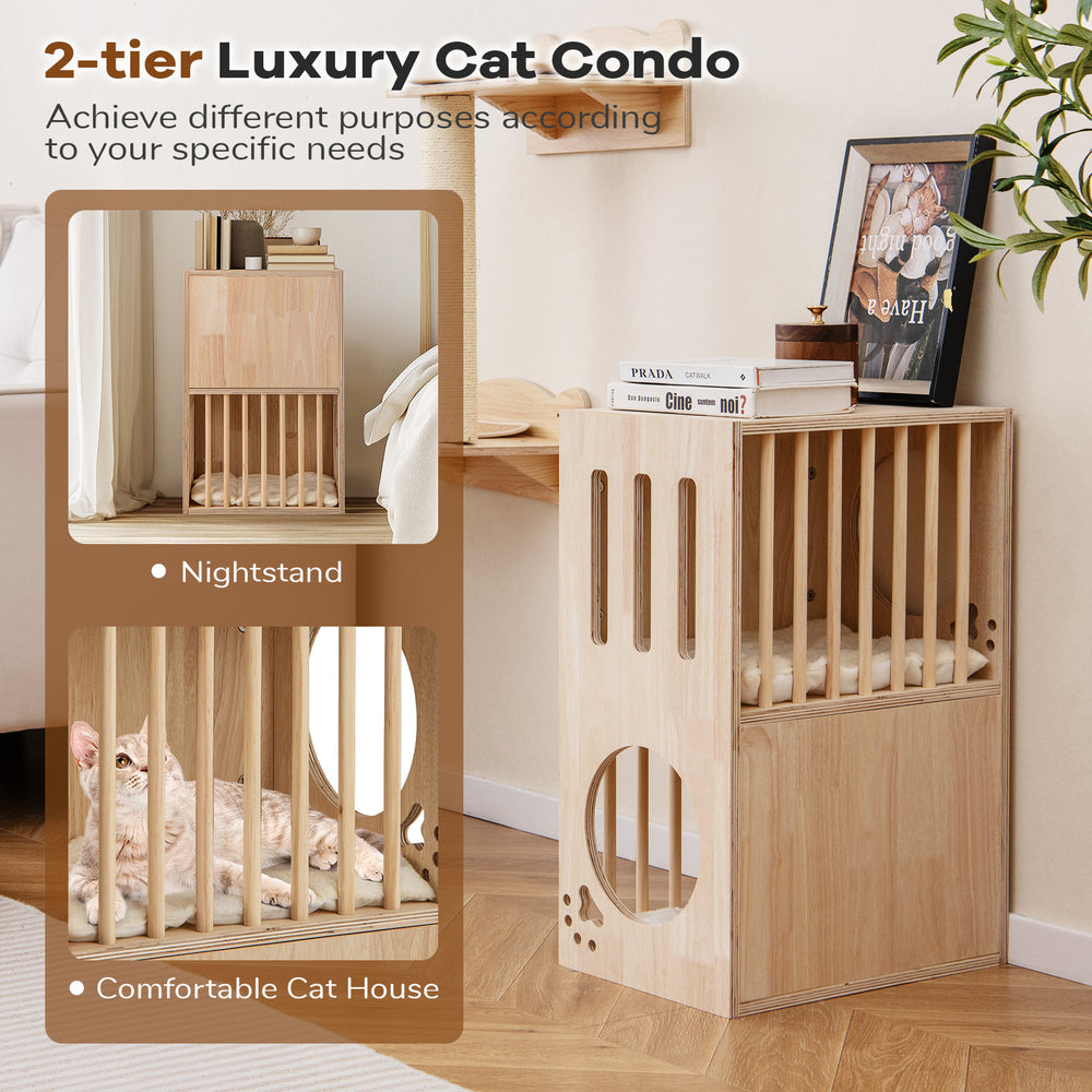 2-tier wooden cat condo with removable cushions, featuring a symmetrical design and large entry for easy access.
