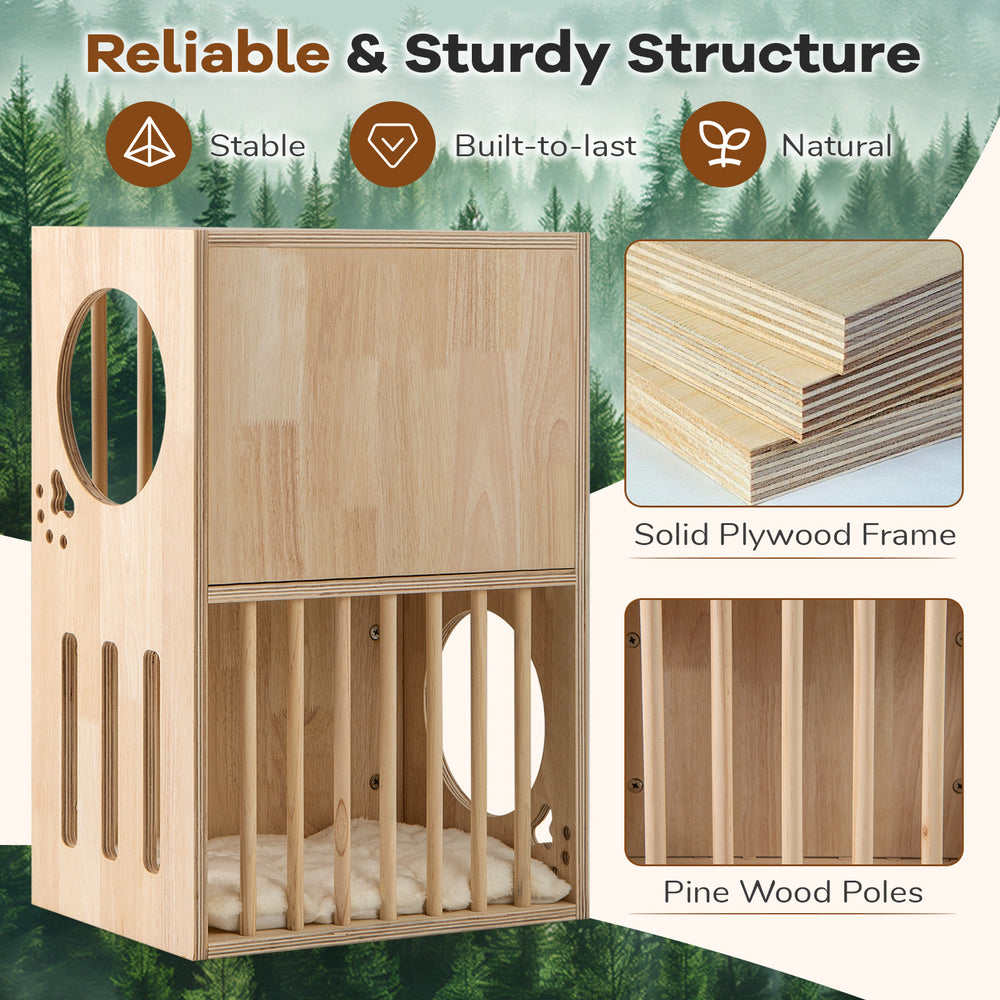 2-tier wooden cat condo with solid plywood frame, removable cushions, and large entry for easy access and air.