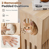 2-tier wooden cat condo with removable, washable cushions and large entry, designed for comfort and air circulation.