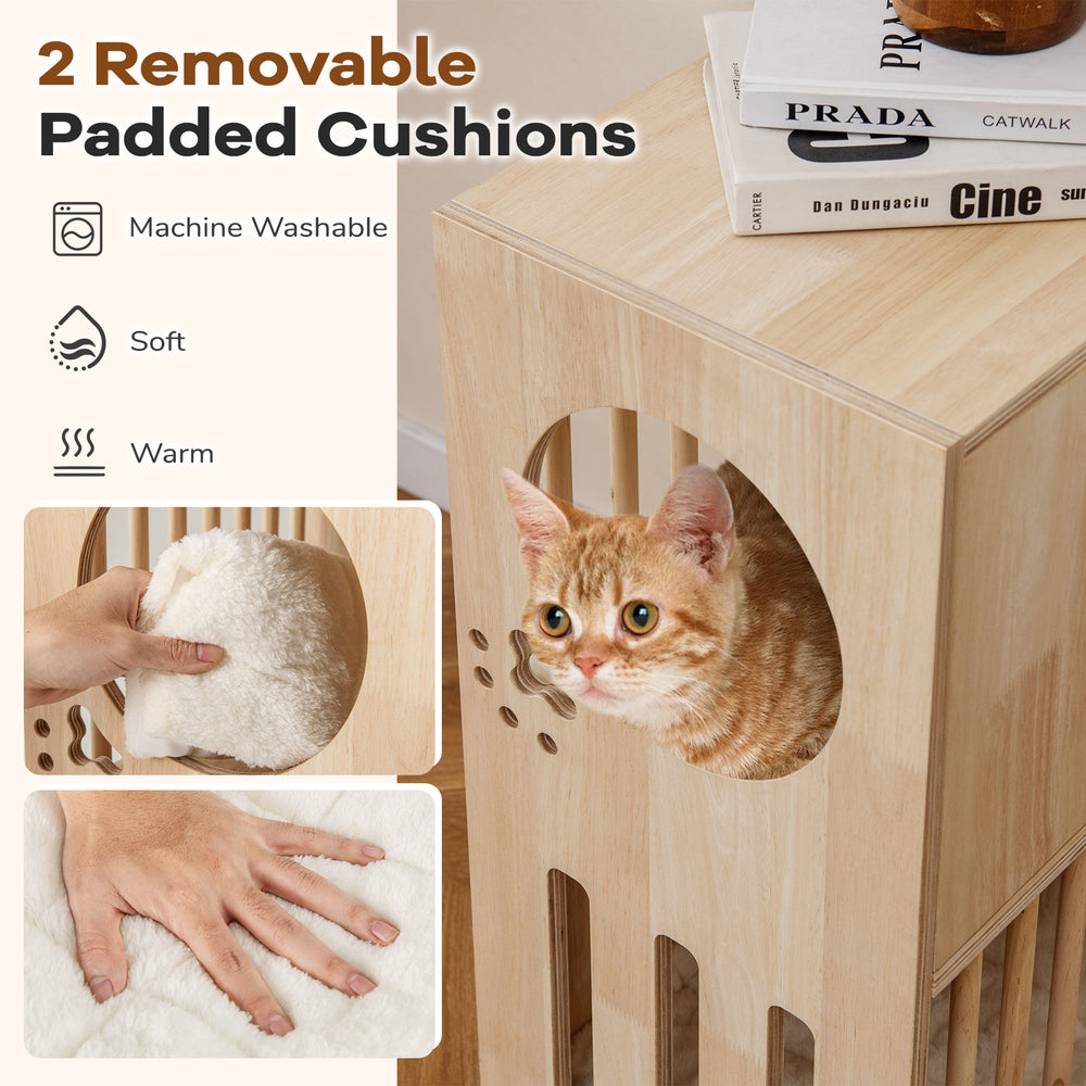 2-tier wooden cat condo with removable, washable cushions and large entry, designed for comfort and air circulation.