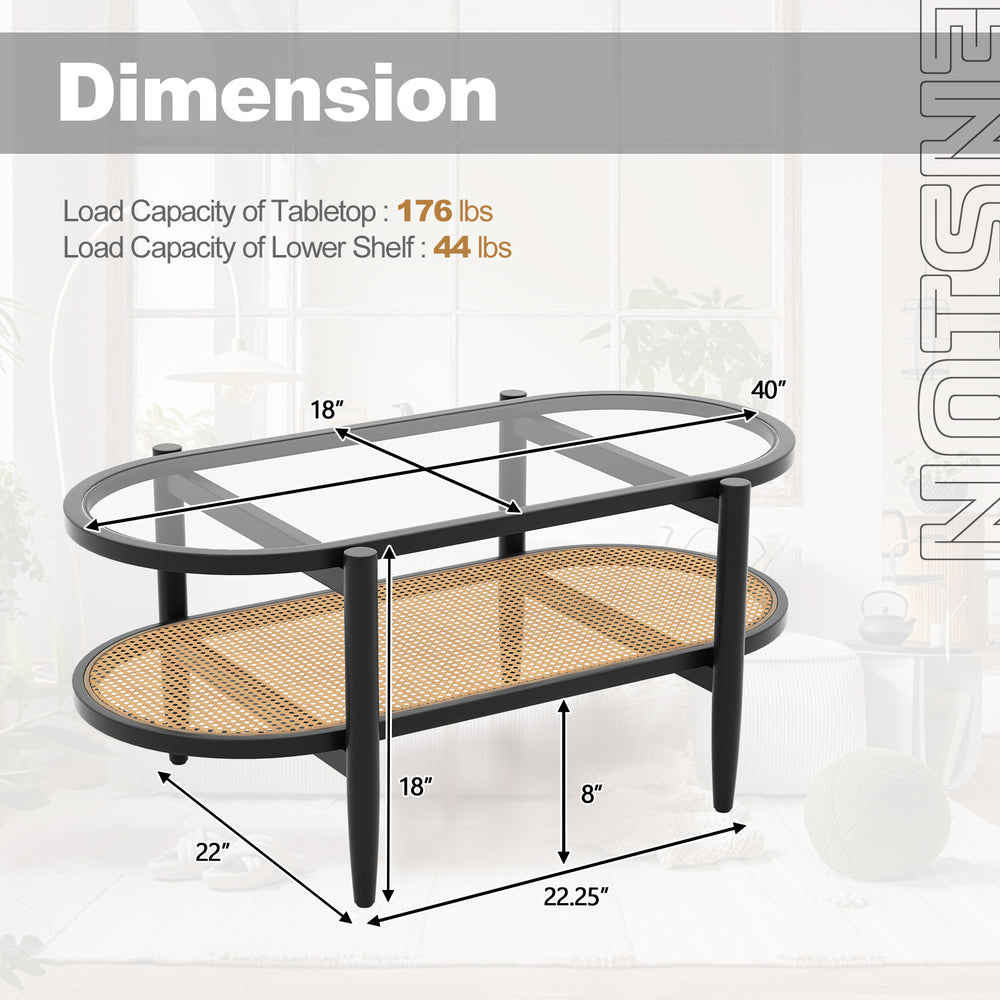 2-tier coffee table with tempered glass top and acacia wood frame, featuring dimensions for versatile living room use.