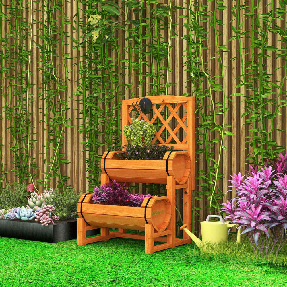 2-tier raised garden bed in orange with cylindrical planter boxes and trellis, perfect for outdoor plant organization.