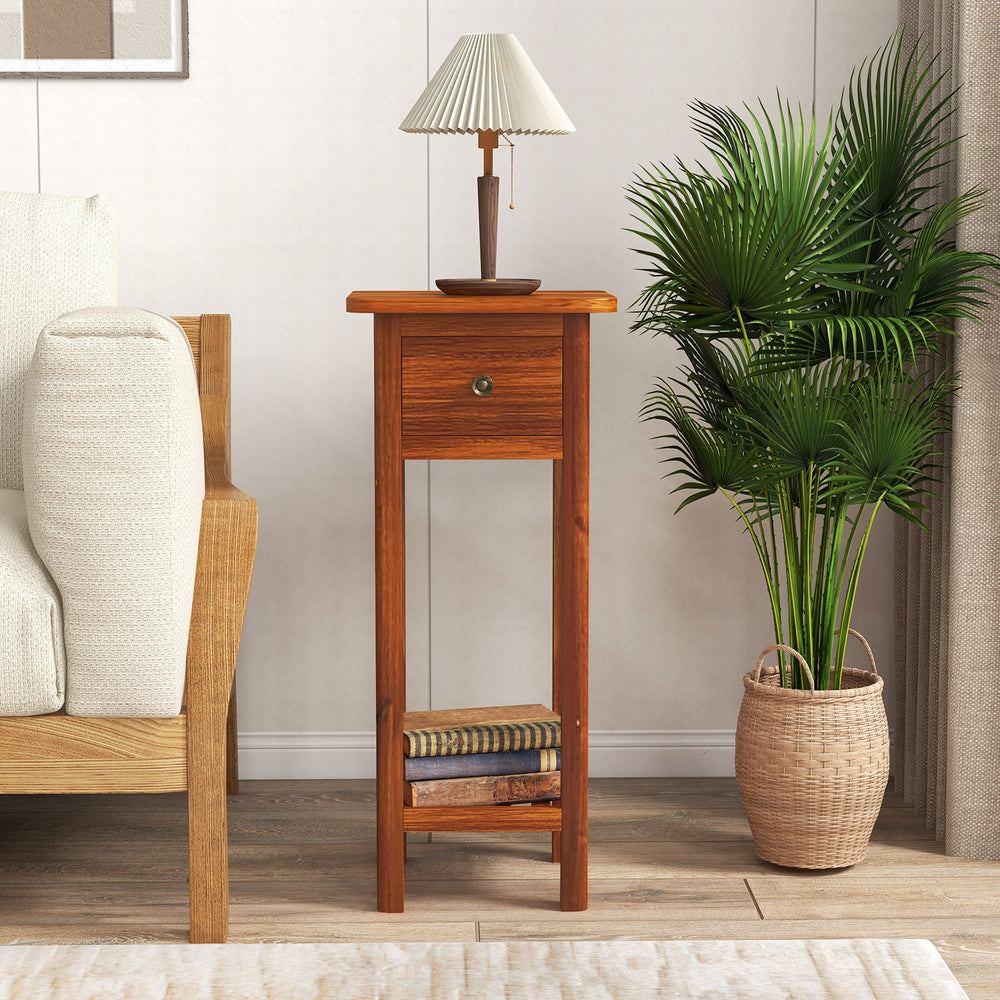 2 Tier Slim Nightstand Bedside Table with Drawer Shelf-Brown - Gallery View 1 of 11