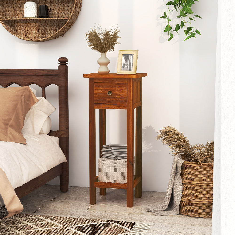 Slim brown nightstand with drawer and open shelf, made of acacia wood, perfect for bedroom or living room storage.