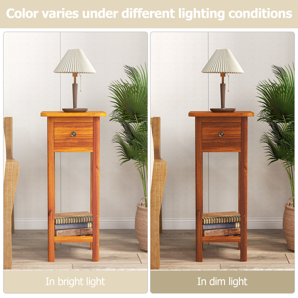 Slim brown nightstand with drawer and shelf, made of acacia wood, shown in bright and dim lighting conditions.