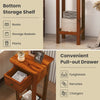 2 Tier slim nightstand in brown with a pull-out drawer and open bottom shelf for easy access to daily essentials.