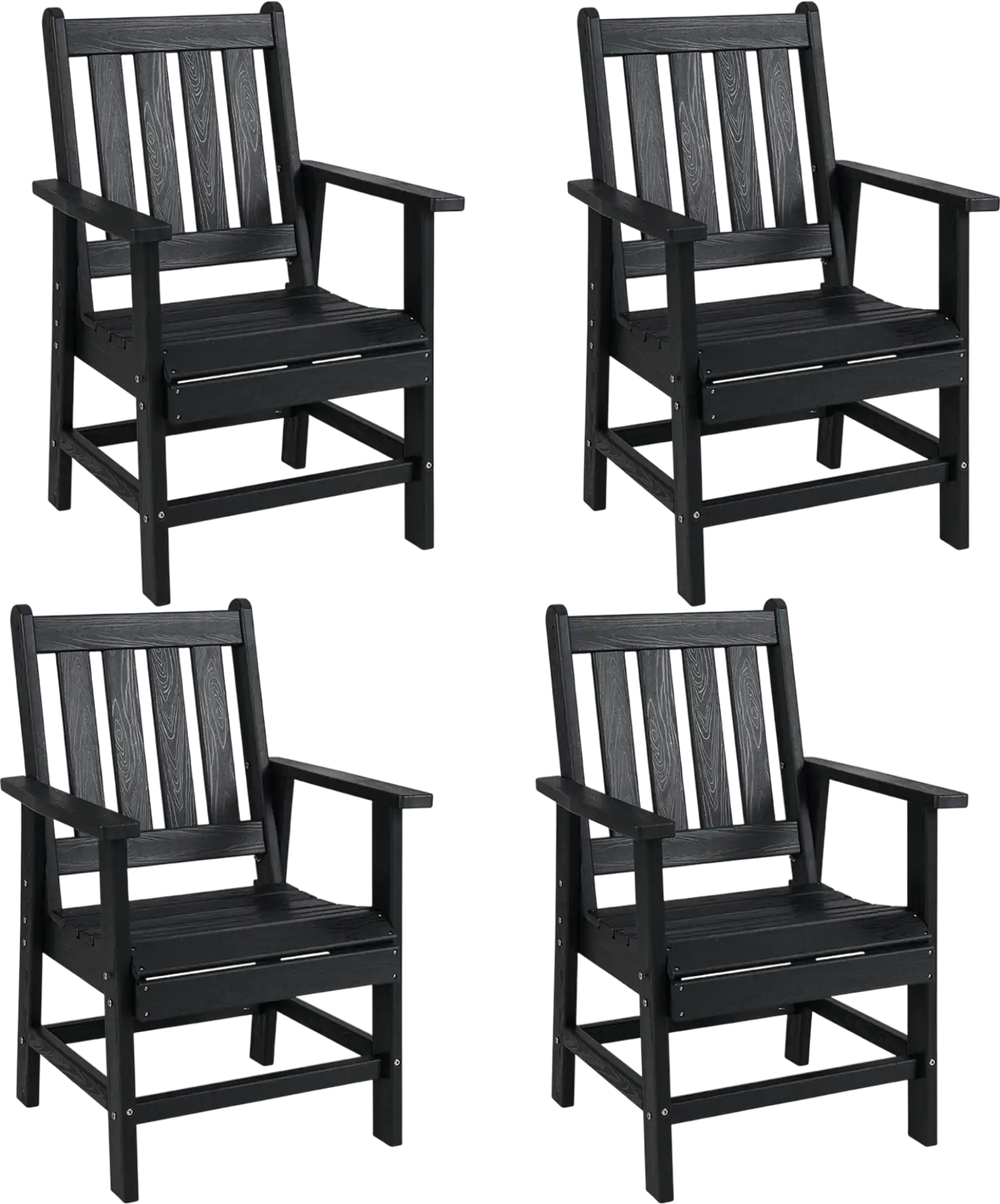 Set of 4 black patio dining chairs with wide armrests, constructed from durable HDPE for outdoor relaxation.