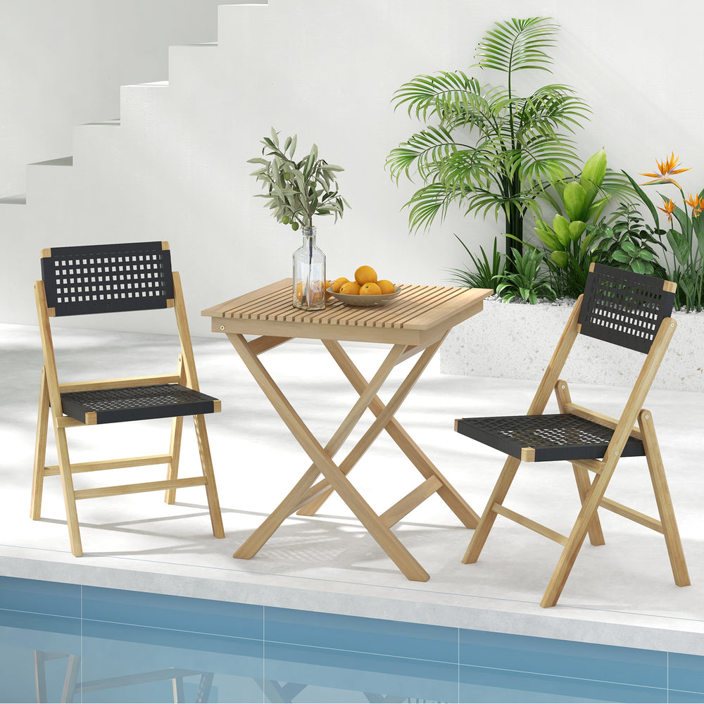 Set of 2 folding chairs in premium teak wood with woven rope seats, perfect for backyard or poolside relaxation.