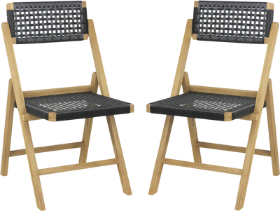 Costway Set of 2 Folding Teak Wood Patio Dining Chairs Woven Rope Seat Back 64258791 New