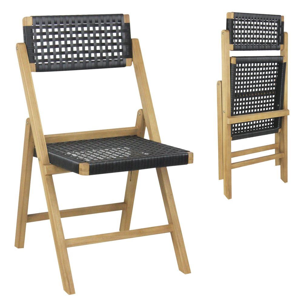 Folding chair featuring a stylish woven rope seat and teak wood frame, designed for easy portability and outdoor use.