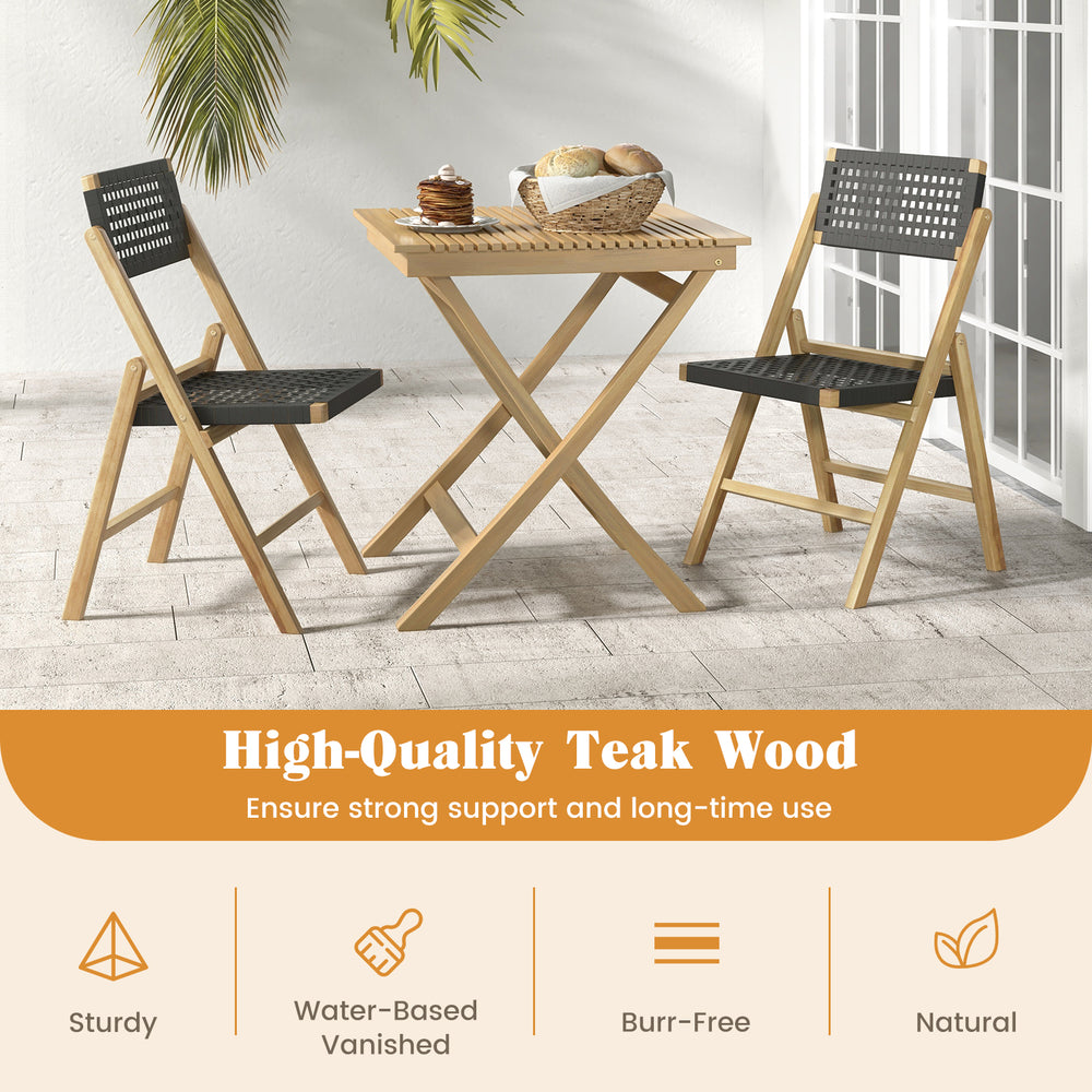 Set of 2 folding chairs made of premium teak wood with woven rope seats, perfect for backyard or poolside use.