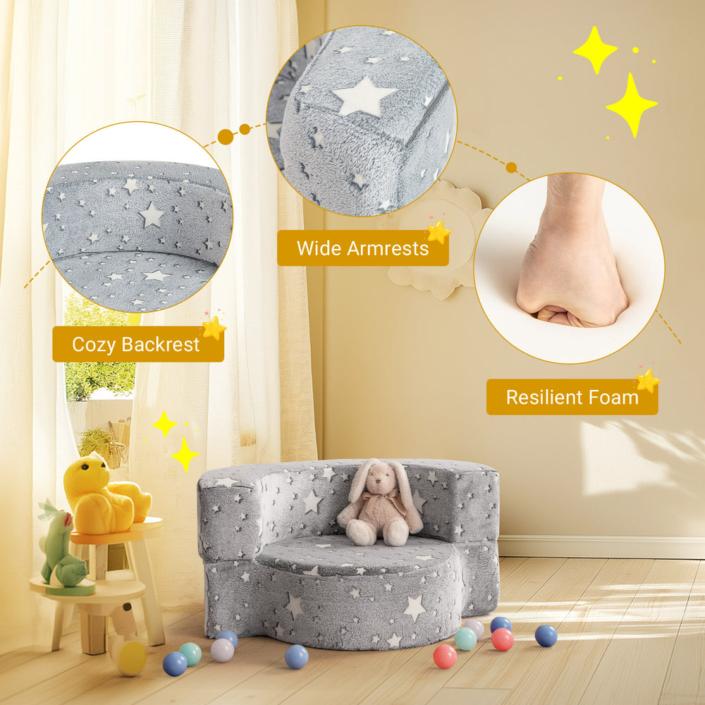 Gray 2-in-1 toddler chair with star patterns, featuring cozy backrest and wide armrests, perfect for kids' play areas.