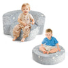 2-in-1 toddler chair in gray with star patterns, convertible from sofa to round cushion, perfect for kids' playroom.