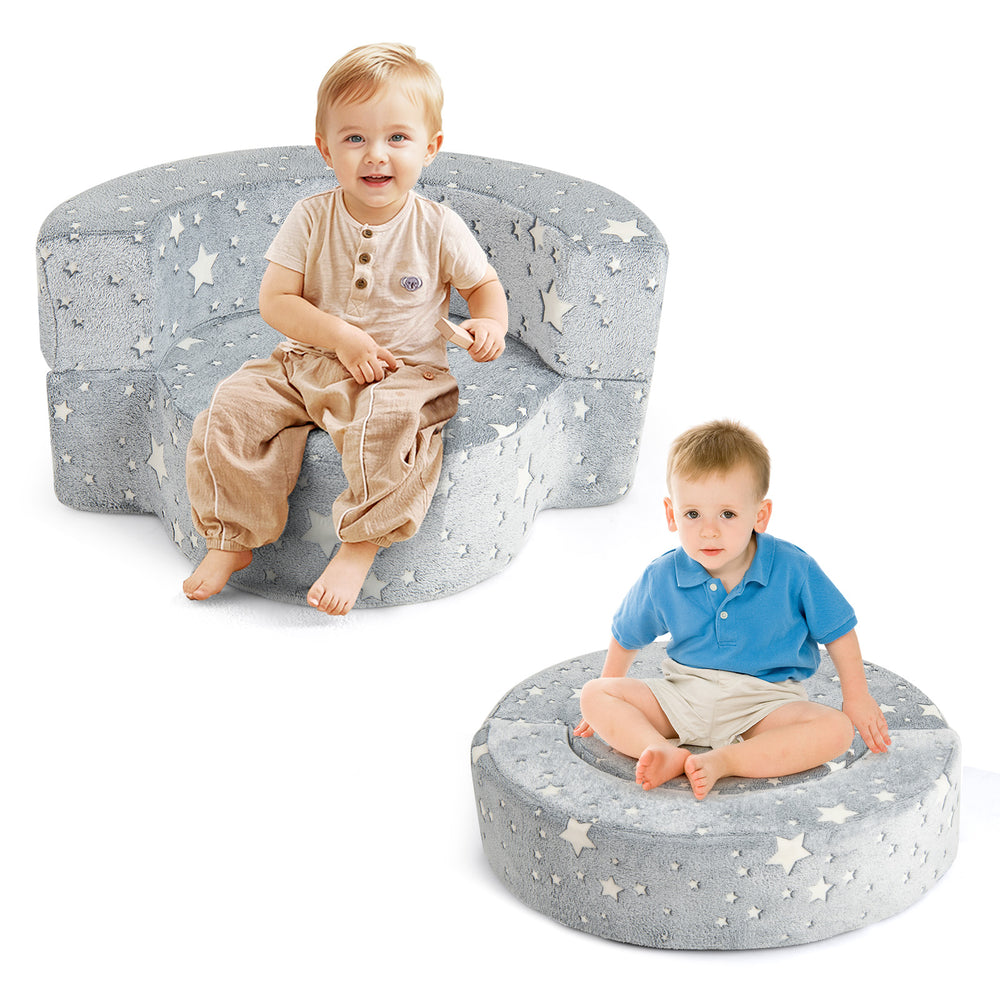 2-in-1 toddler chair in gray with star patterns, convertible from sofa to round cushion, perfect for kids' playroom.