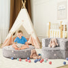 Gray 2-in-1 toddler chair and couch with star patterns, perfect for kids' playroom and cozy relaxation.