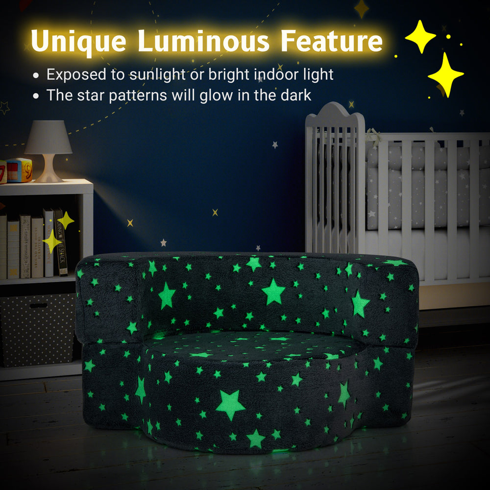 Gray 2-in-1 toddler chair with glow-in-the-dark star patterns, convertible to cushion, perfect for kids' rooms.
