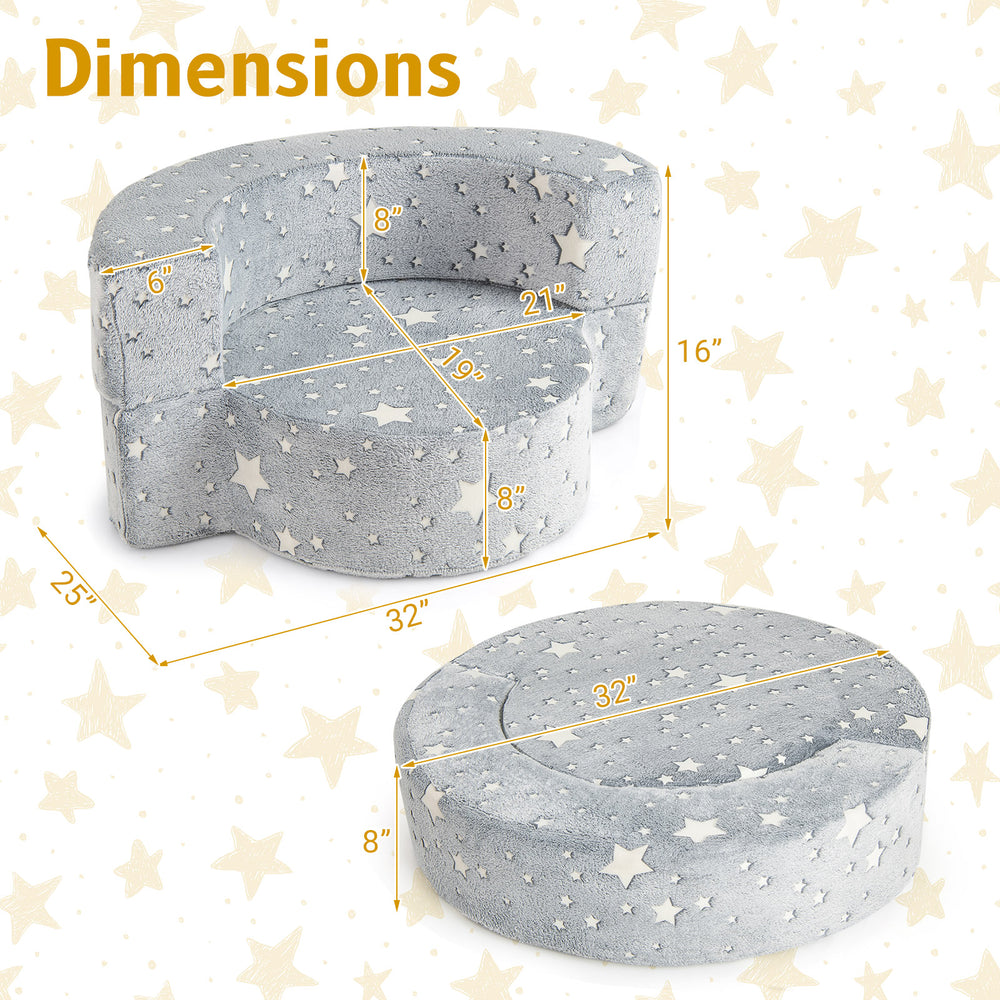 Dimensions of the gray 2-in-1 toddler chair, convertible sofa with star patterns, perfect for kids' rooms and play.