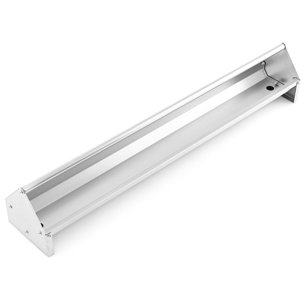 Metal chicken feeder trough in silver, accommodates 12 chickens, with drainage holes for easy cleaning and rustproof.