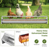 Metal chicken feeder with galvanized steel frame, 4-gallon capacity, drainage holes, and elevated legs for 12 chickens.