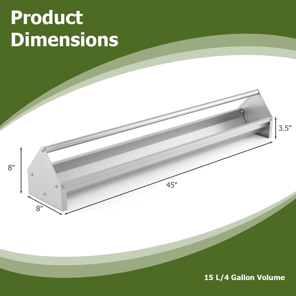 Metal chicken feeder dimensions showing 45" length and 15 L/4 gallon volume, designed for easy cleaning and stability.