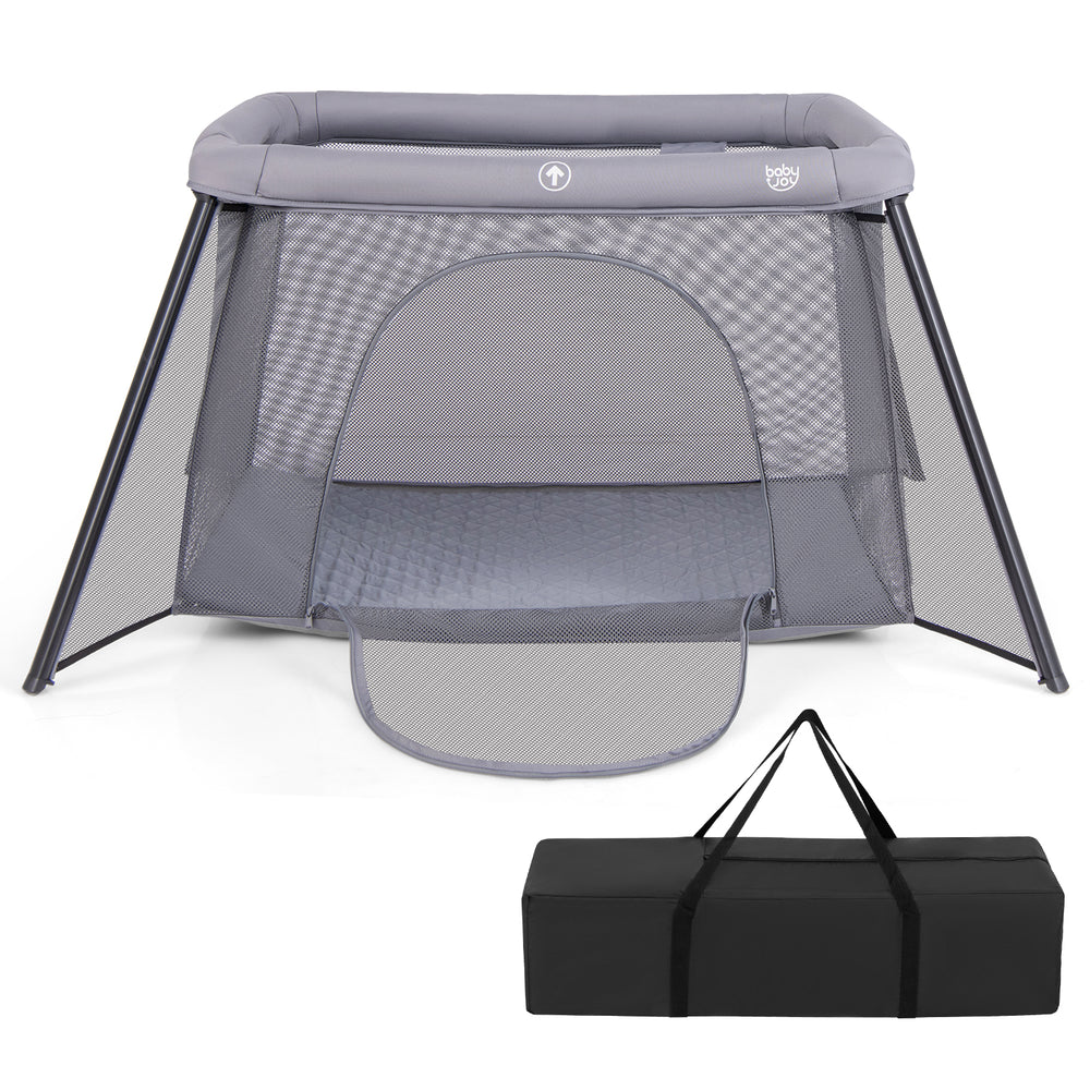 Front view of the dark gray portable baby playpen with a sturdy metal frame and non-slip pads for enhanced safety and.