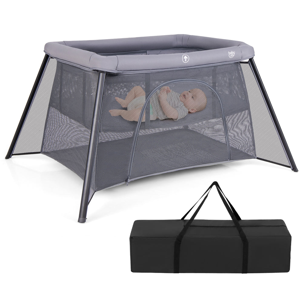 Portable baby playpen in dark gray with safety enclosure, padded mattress, and zippered entrance for easy access.