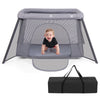 Portable baby playpen in dark gray with safety enclosure, padded mattress, and zippered entrance for crawling and play.