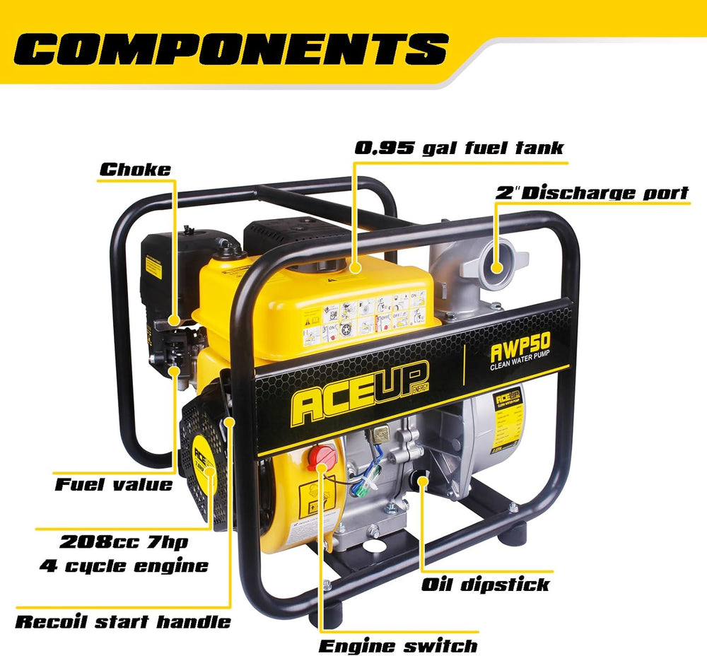 Aceup Energy 2 In. Portable Irrigation Pump | Semi Water Pump-158 GPM 7HP 208cc Portable Irrigation Pump with Hose - AceupEnergy