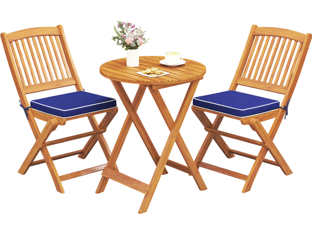 Outdoor folding chairs set of 2 in navy with acacia wood, featuring cushions, perfect for dining or picnics.