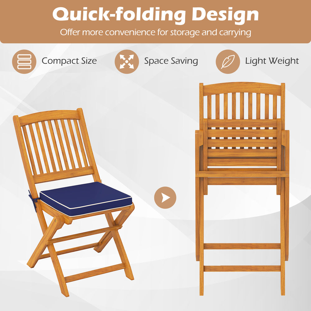 Navy outdoor folding chair set with cushions, made of acacia wood, featuring a quick-folding design for easy storage.