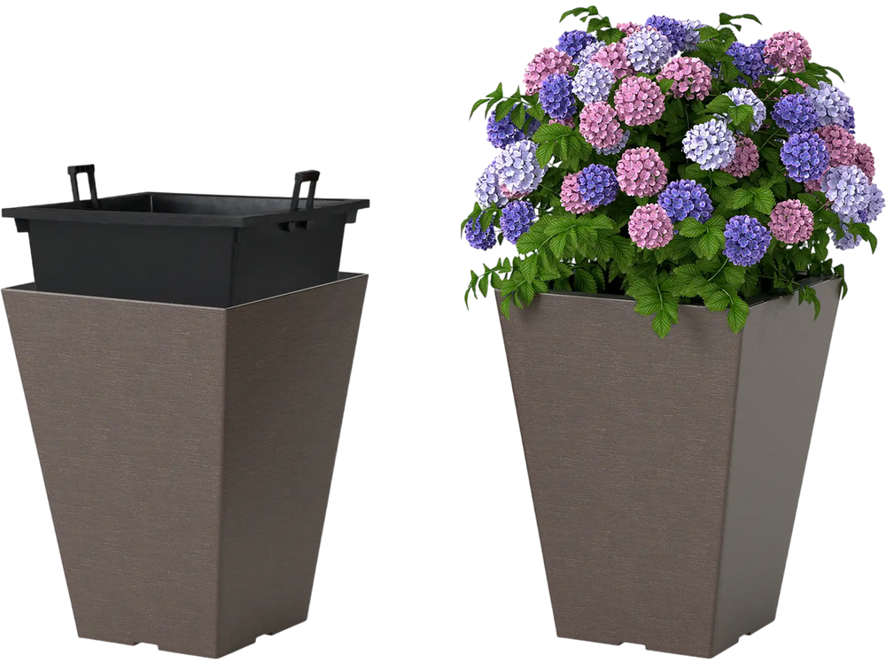 Square taper planter set with removable inner bucket, featuring a wood-like texture for outdoor and indoor use.