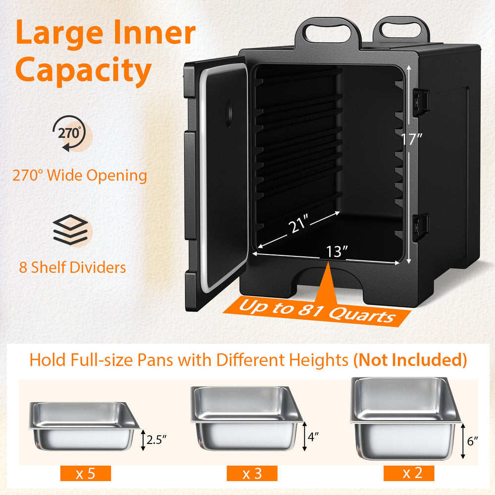 81-quart insulated food pan carrier with 270° opening, 8 shelf dividers, and durable LLDPE exterior for easy transport.