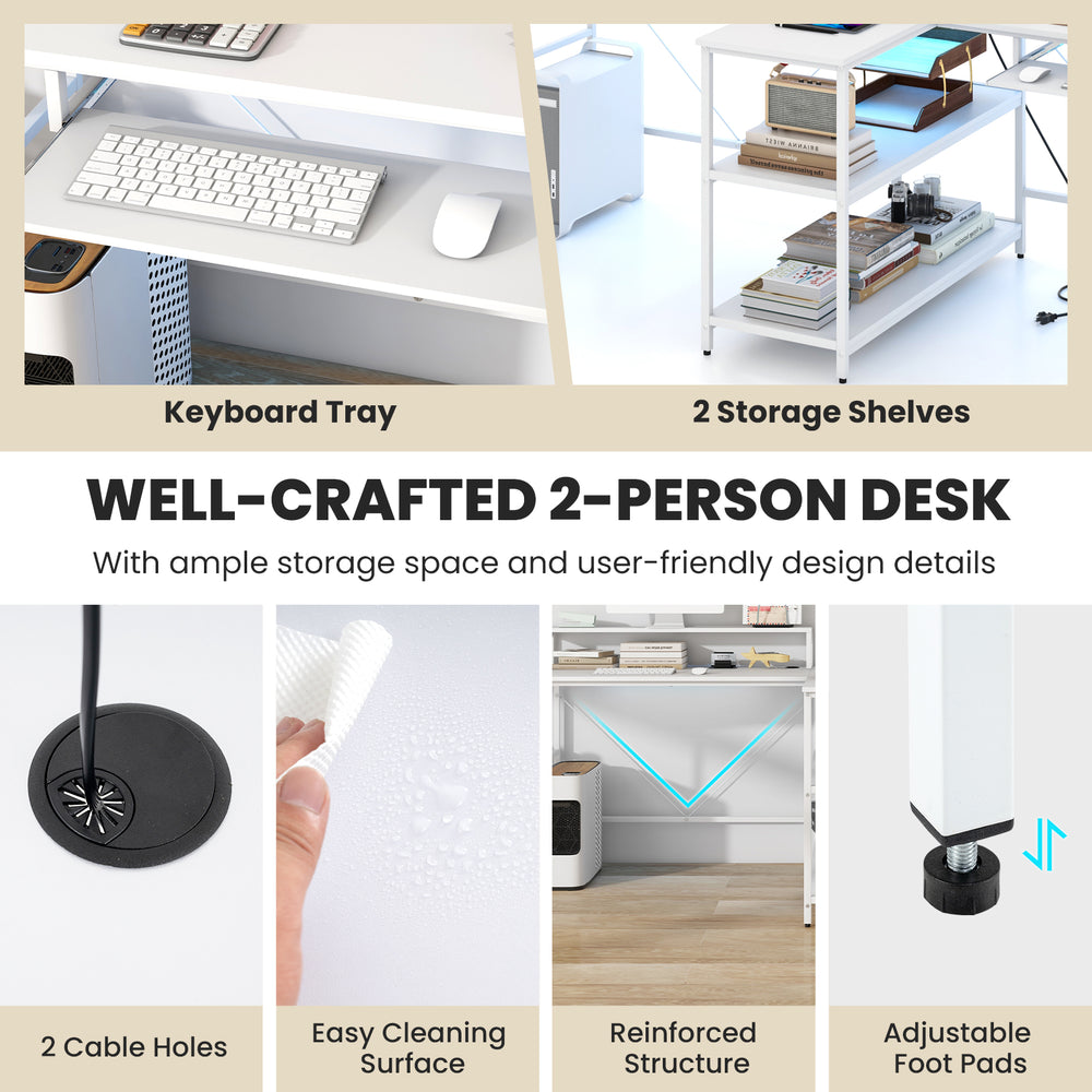 Reversible 2-person computer desk with LED lights, keyboard tray, and two storage shelves for organized workspace.