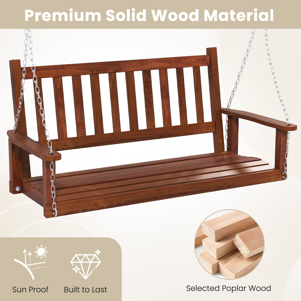 2-person wooden outdoor porch swing in brown, made of premium solid wood, ideal for gardens and backyards.