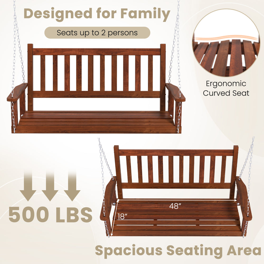 2-person wooden outdoor porch swing in brown with ergonomic curved seat, 500 lbs capacity, ideal for gardens and.