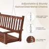 Close-up of the adjustable galvanized metal chains on a 2-person wooden outdoor porch swing for secure hanging.