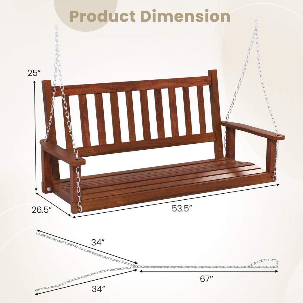 2-person wooden outdoor porch swing with slatted surface, brown finish, and 500 lbs weight capacity for versatile use.