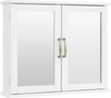 Wall-mounted white bathroom storage cabinet with double mirrored doors and metal handles for organizing essentials.